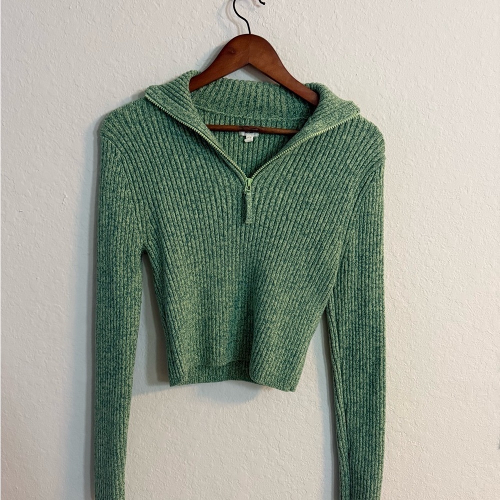 Aerie Green Ribbed Knit Cropped Quarter Zip Sweater